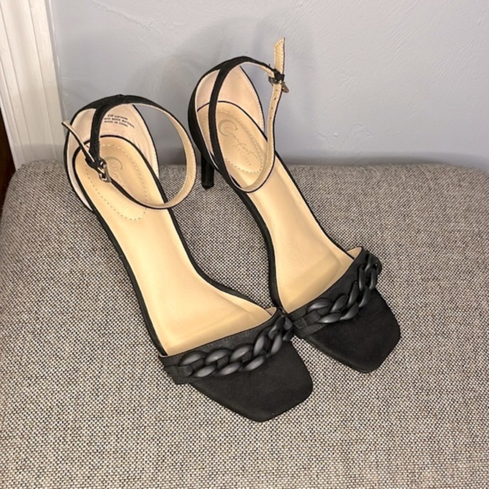 C Comfort black strappy heels, size 9W.